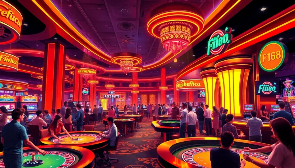 Experience the vibrant gaming floor of F168 Casino filled with enthusiastic players and neon lights.