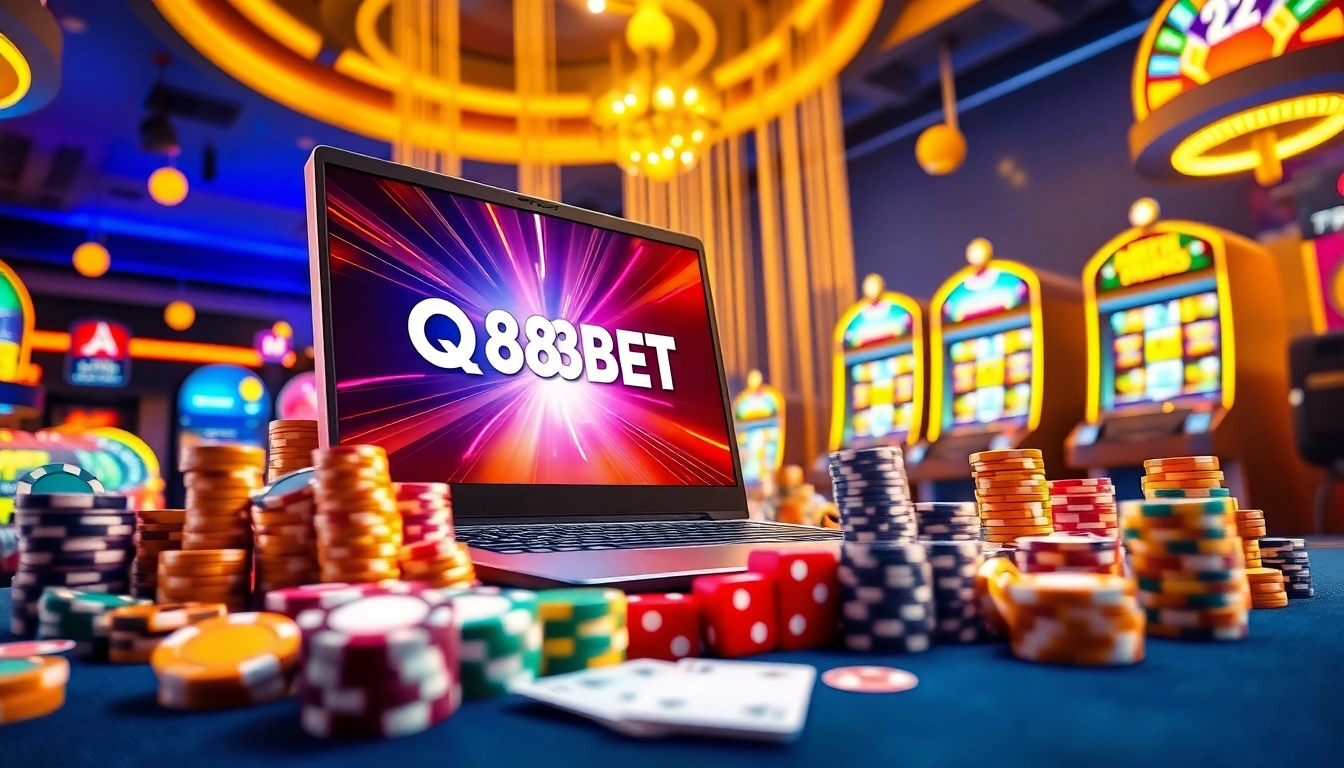 Experience the excitement of QQ88BET with stunning slot machines, vibrant poker chips, and thrilling casino gameplay.